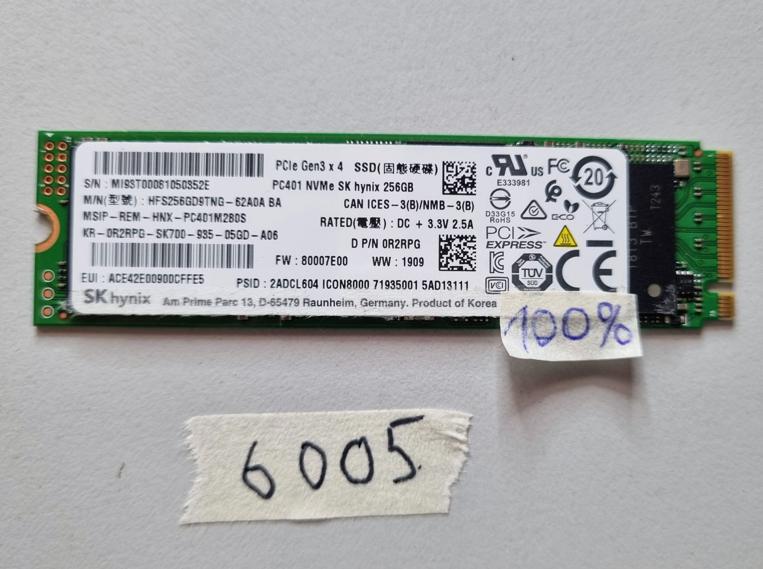 SK Hynix 256 GB NVMe M.2 SSD PCIe 3x4 Gen4 0R2RPG – 100 % Gesundheit, gebrauchtes Laptop-Teil