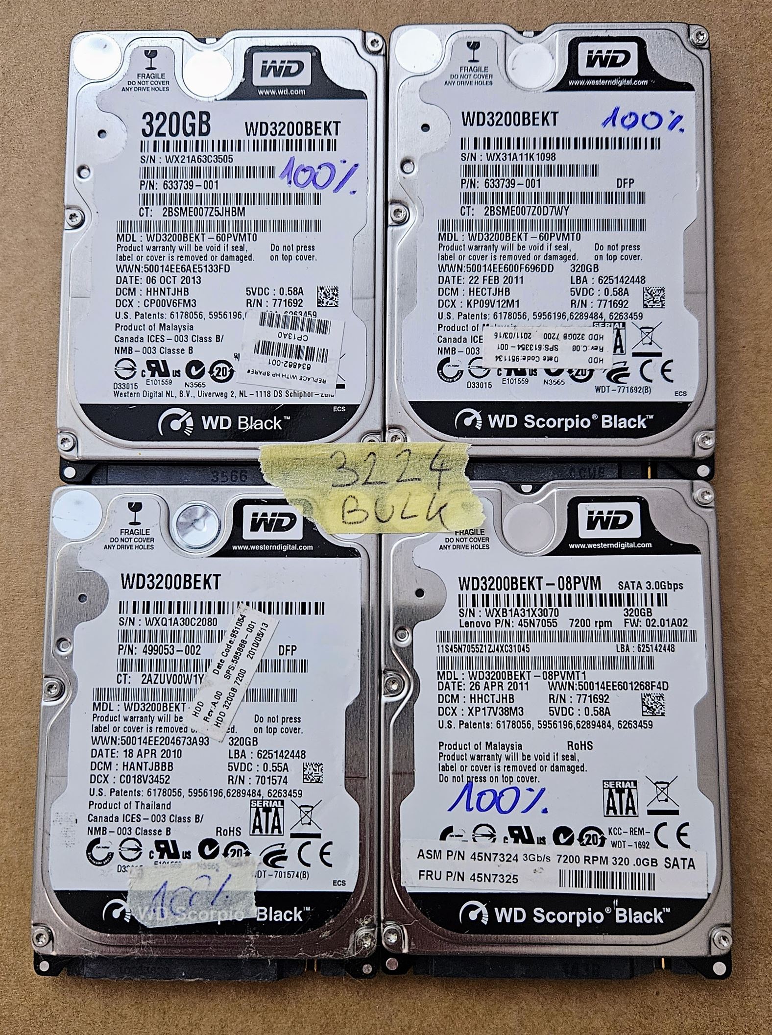 4 x Western Digital WD Scorpio Black WD3200BEKT-60V5T1 320 GB 2,5-Zoll-Laptop-Festplatte – 4 x 100 % funktionsfähig