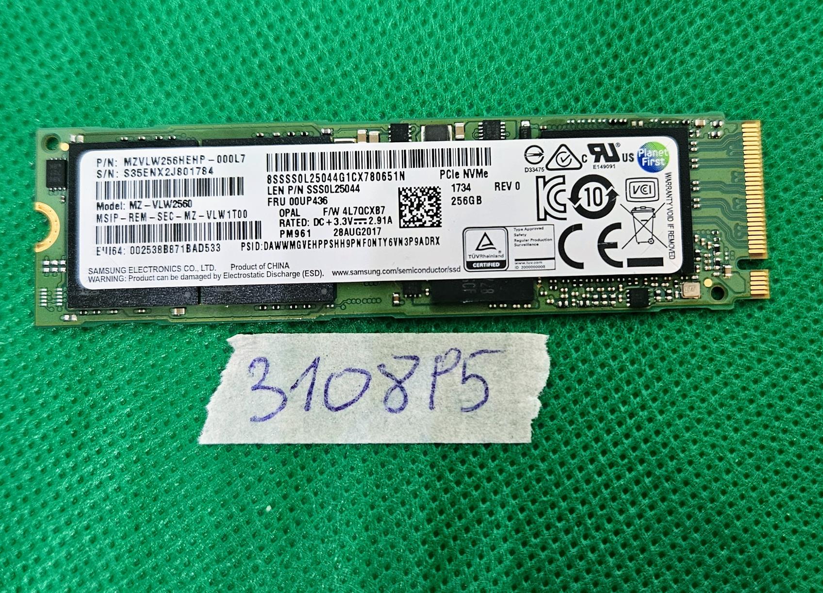 SSD Samsung NVME 256 Go authentique SSS0L25044 MZ-VLW2560 MZCLW256HEHP