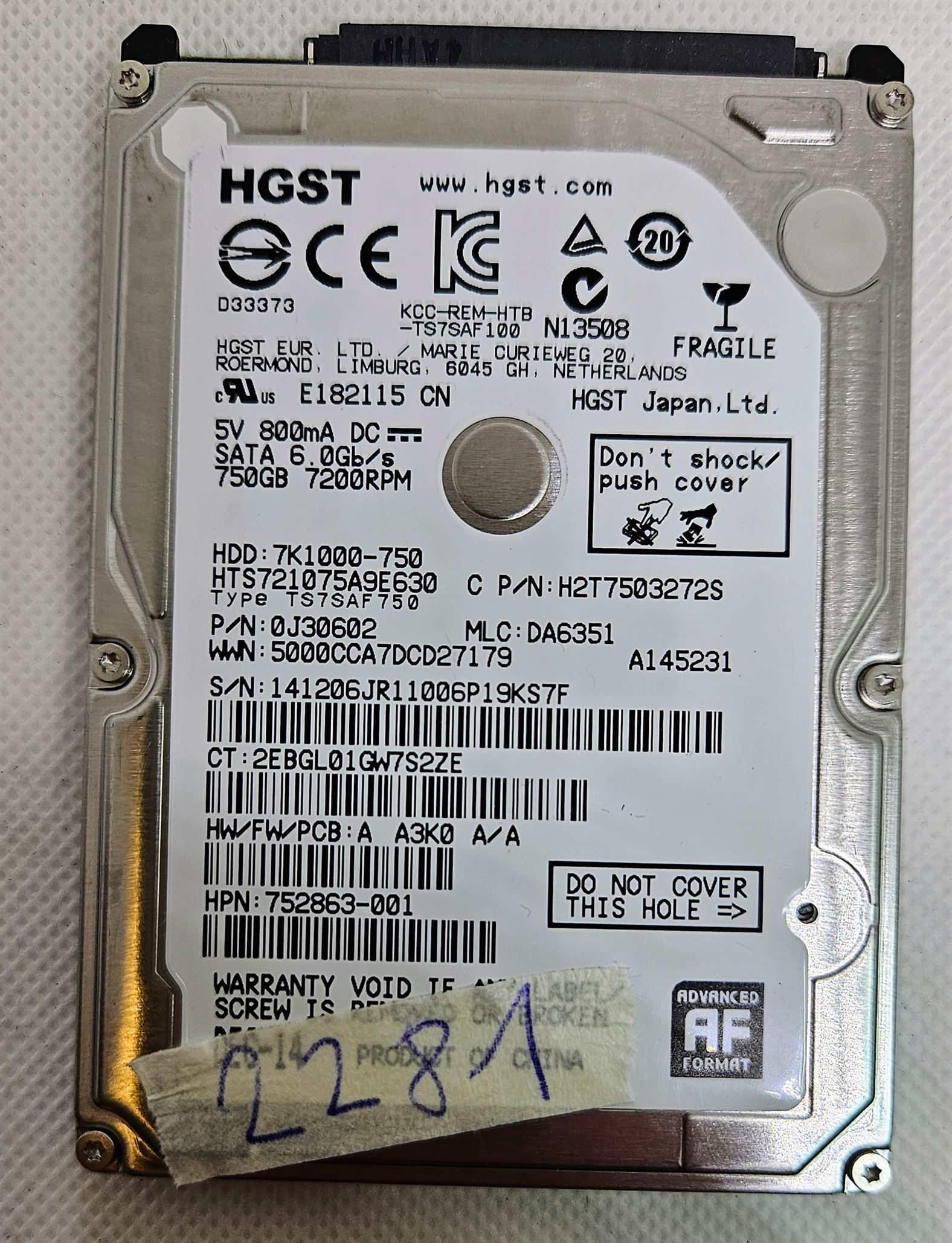 Disque dur HGST 750 Go 2,5 pouces SATA 7K1000-750 - 7 200 tr/min - 6,0 Gb/s pour ordinateur portable