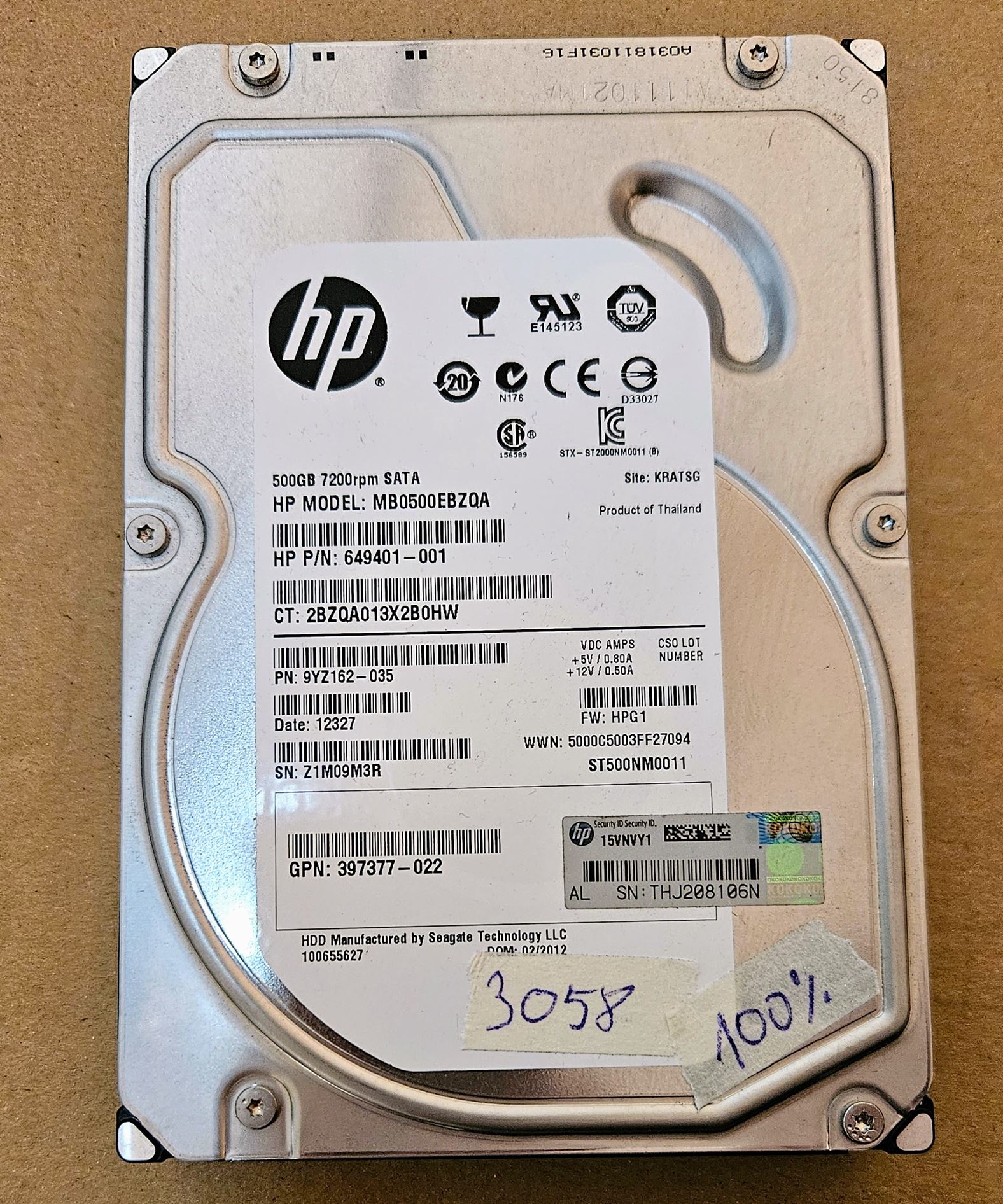 Disque dur HP MB0500EBZQA 649401-001 SATA 500 Go 3,5" 3 Go 7 200 tr/min - Véritable OEM
