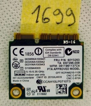 Carte Wi-Fi HP Mini PCIe Centrino Advanced-N 6205 631954-001 62205ANHMW - HP Probook 6570b, 6470b, Elitebook 2760p