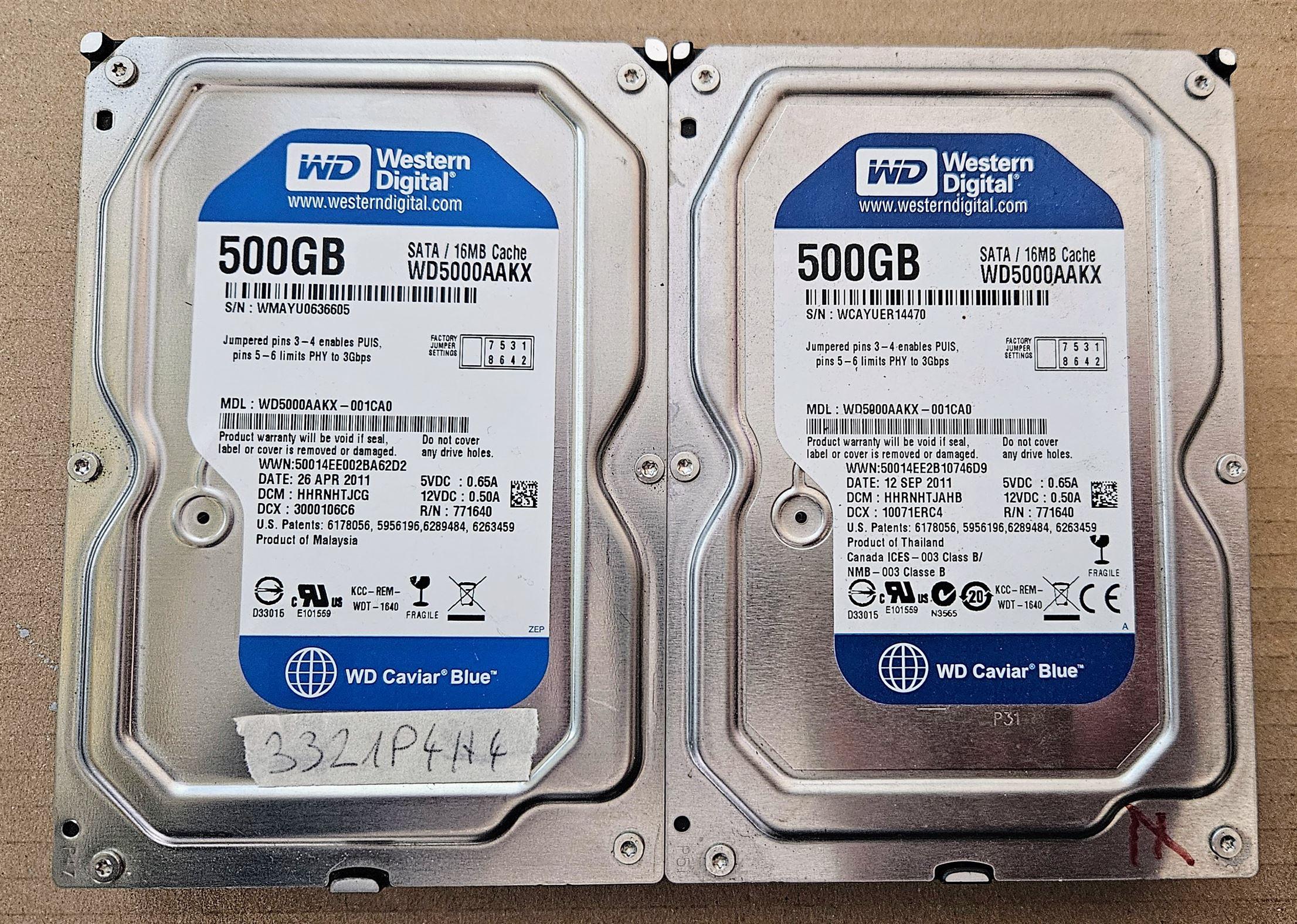 Lot de 2 disques durs de bureau Western Digital WD Blue WD5000AAKX 500 Go SATA III 3,5"