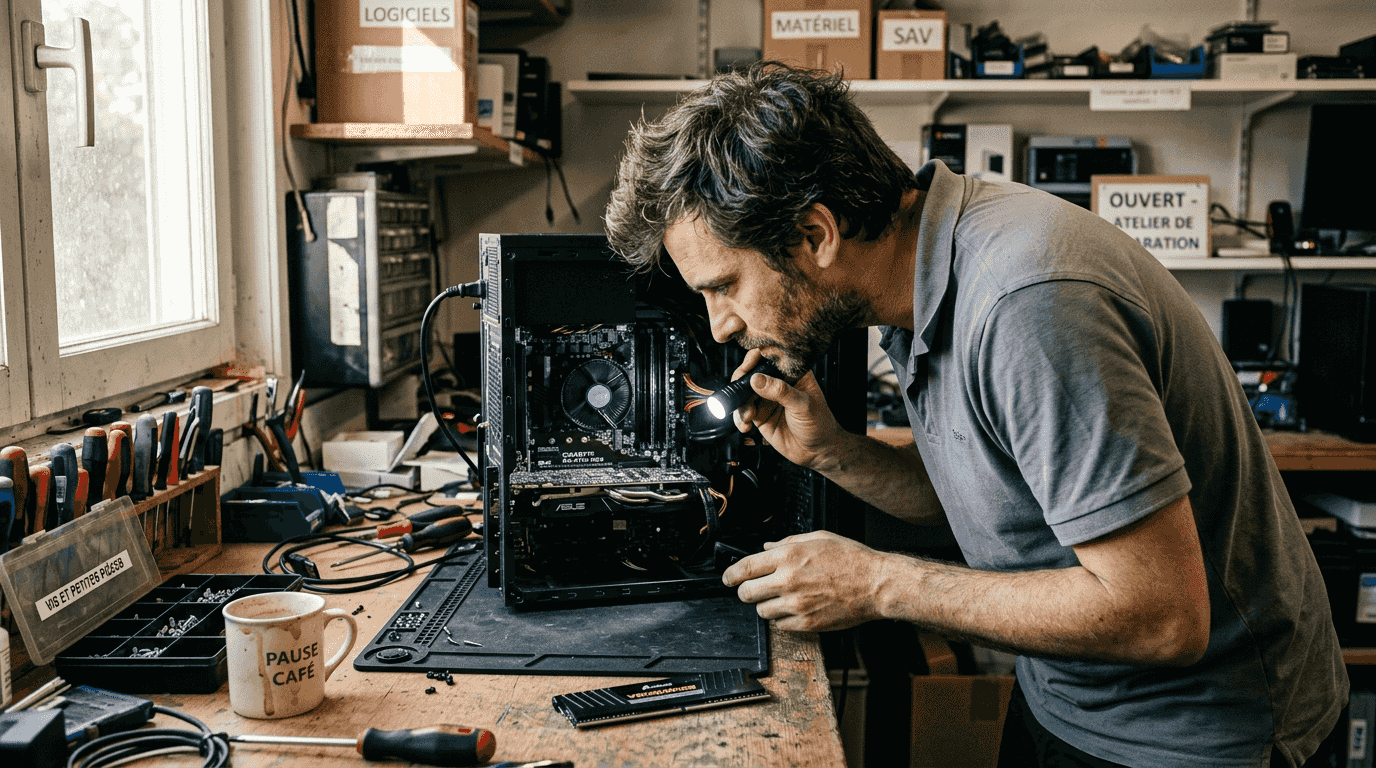 Un technicien examine le matériel informatique sur son établi.