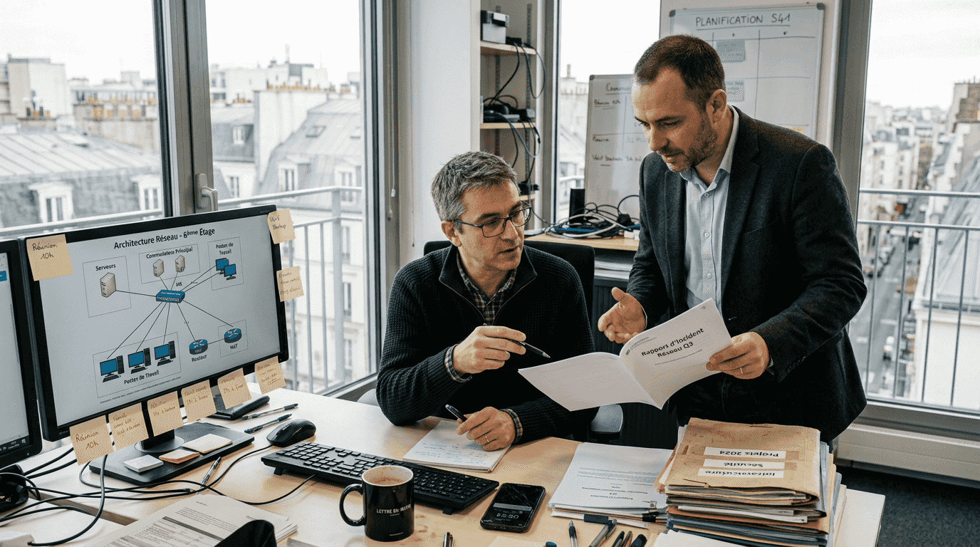 Des responsables informatiques échangent autour d'une table en entreprise.