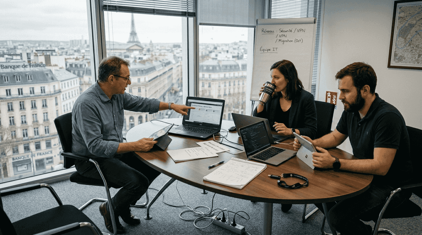 Réunion de conseil entre l’équipe informatique et la direction, dans un bureau de prestige.