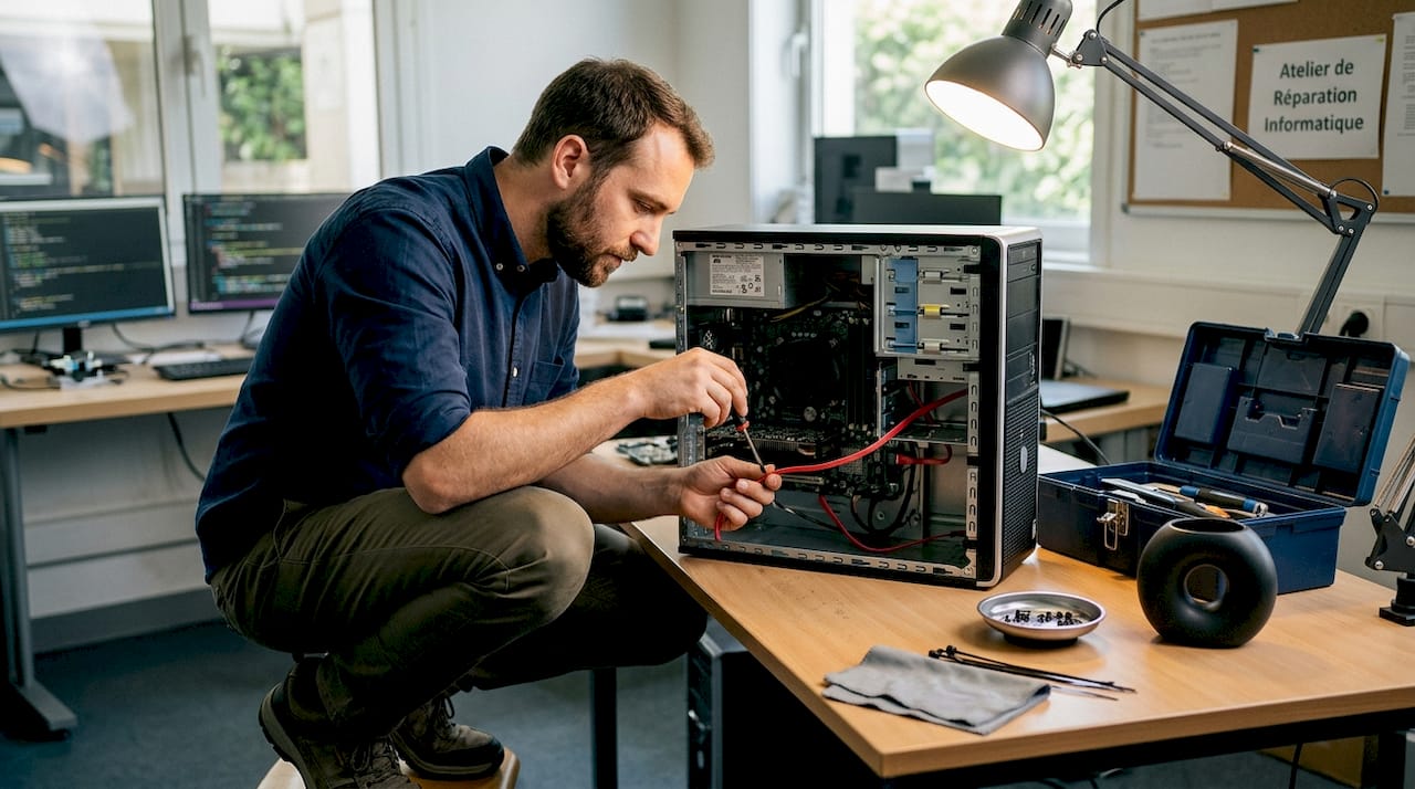 Un technicien en train d’effectuer une réparation sur un ordinateur fixe dont le boîtier est ouvert.