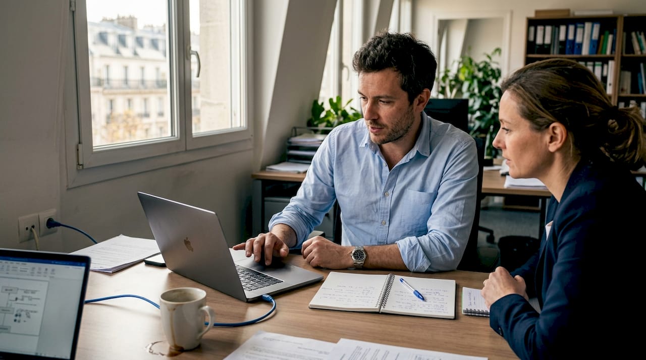 Un consultant échange avec son client au sujet des solutions informatiques adaptées à ses besoins.