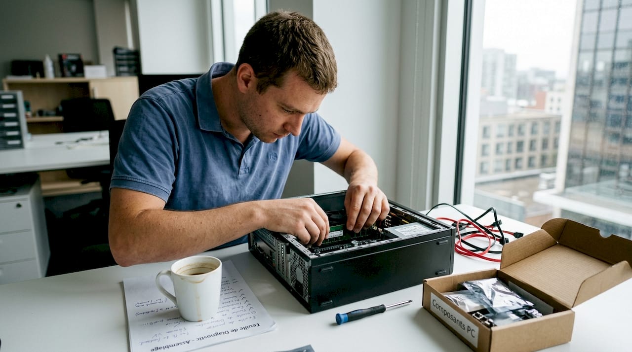 Un technicien informatique en train de monter les composants d’un ordinateur dans un bureau.