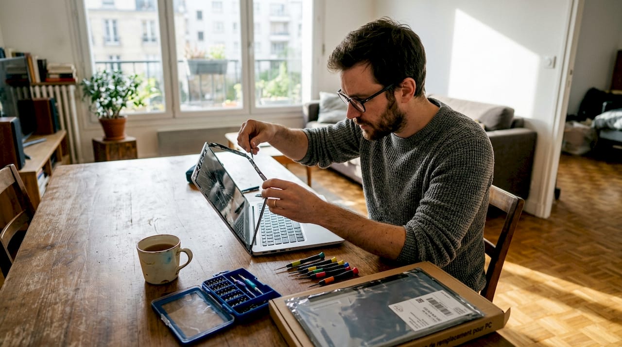 Un homme remplace l’écran de son ordinateur portable chez lui