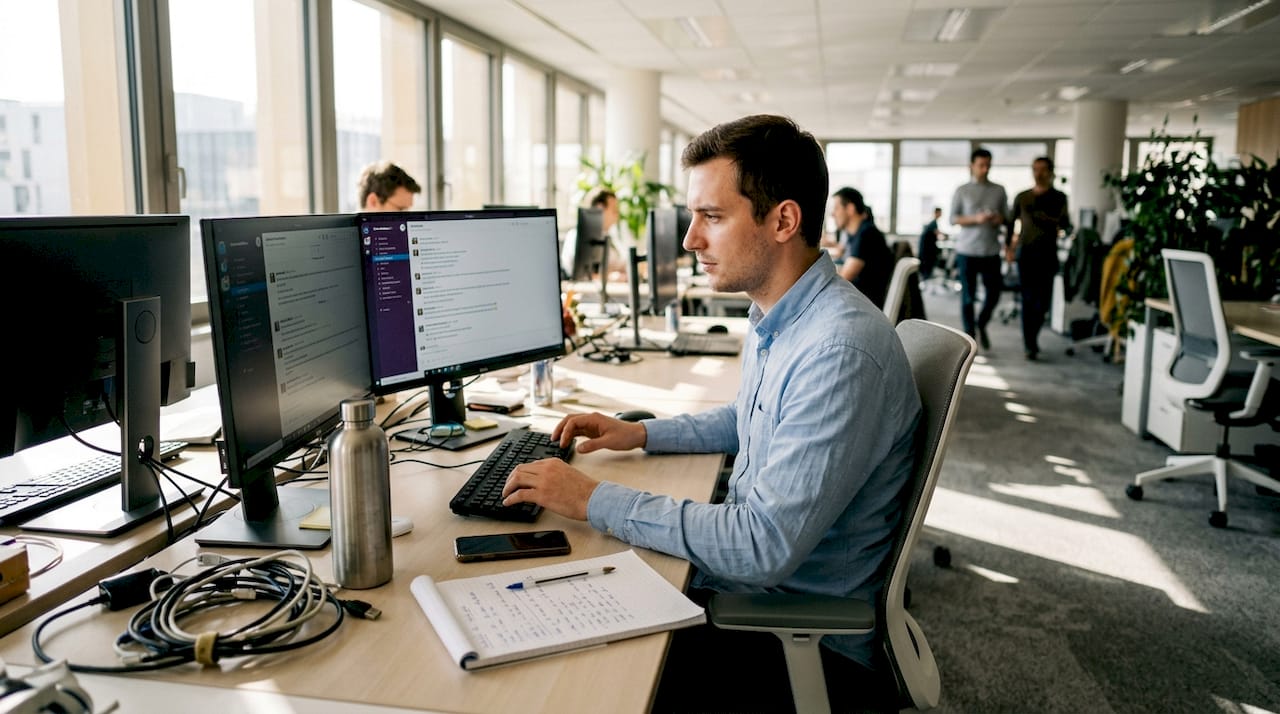 Un technicien informatique en open-space en train de traiter une demande d’assistance