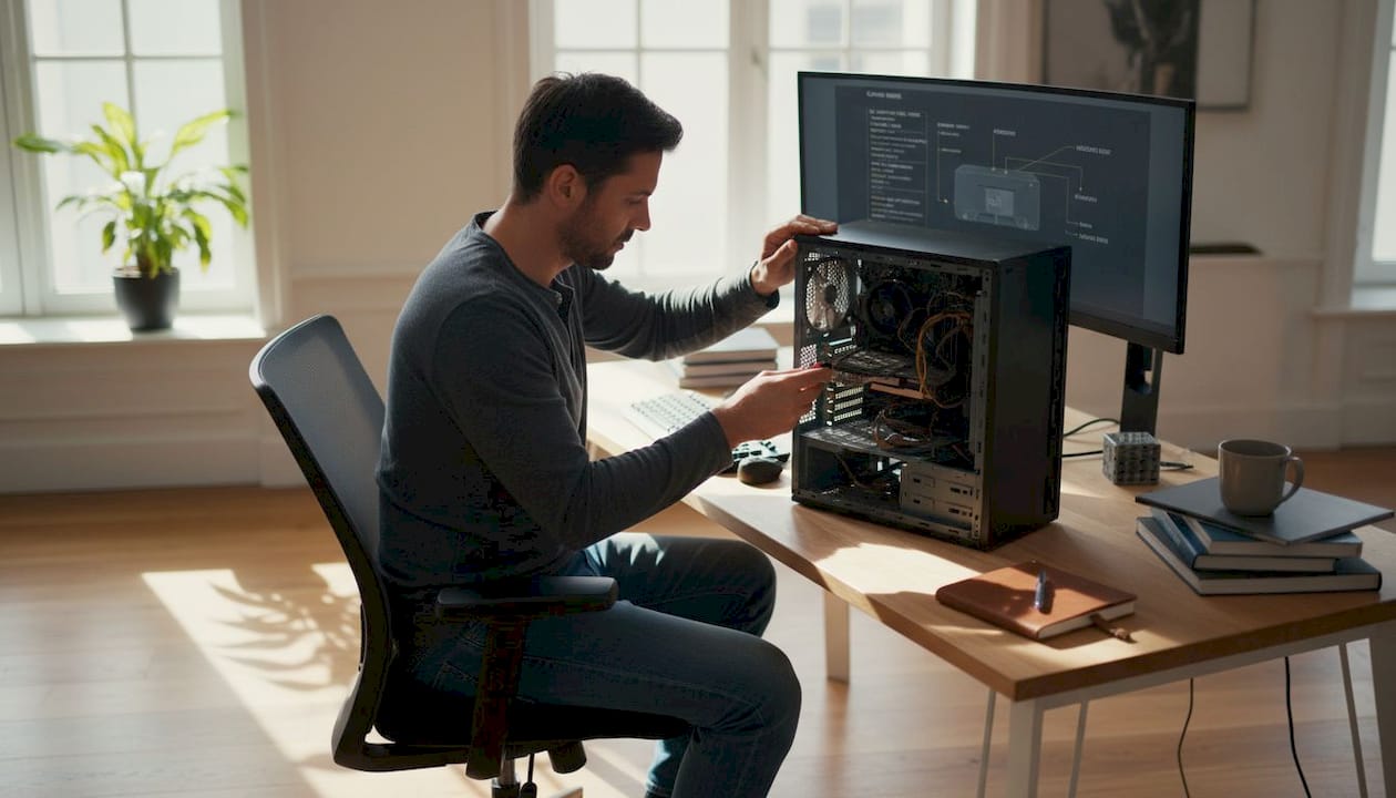 Un homme en train de vérifier le matériel de son ordinateur de bureau chez lui.