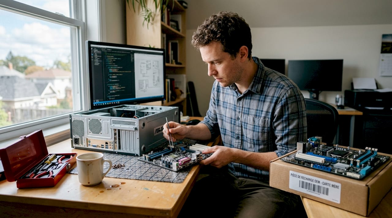 Un technicien examine minutieusement une pièce détachée d’origine pour s’assurer de sa conformité et de sa qualité.