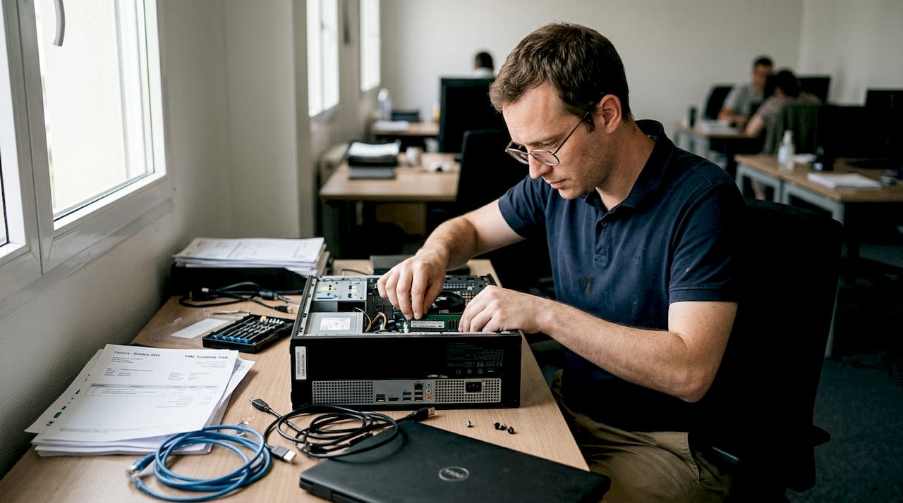 Un technicien intervient pour dépanner un ordinateur dans les locaux d’une PME.