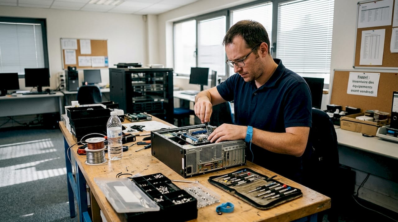 Un technicien informatique en train de changer une carte mère sur son établi.