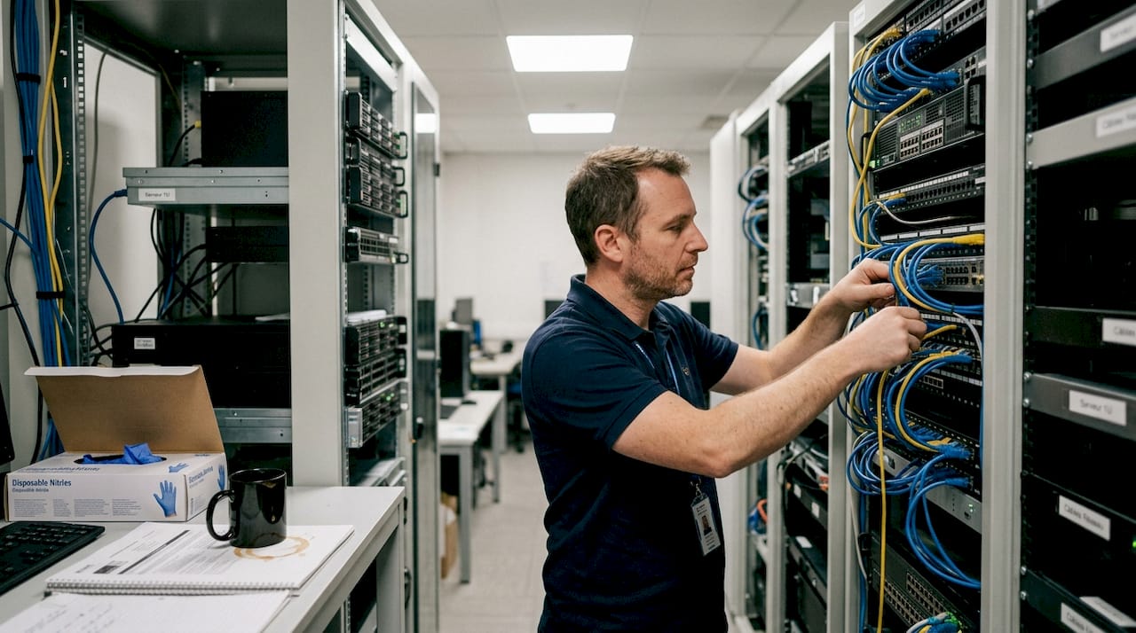 Un administrateur réseau en train de réorganiser les câbles d’un serveur dans un bureau.