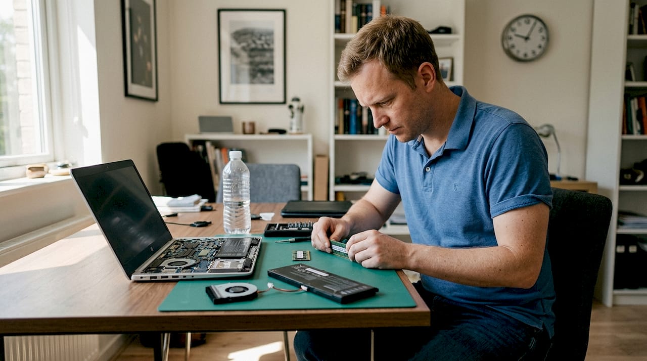 Un technicien examine des composants informatiques disposés sur son bureau.