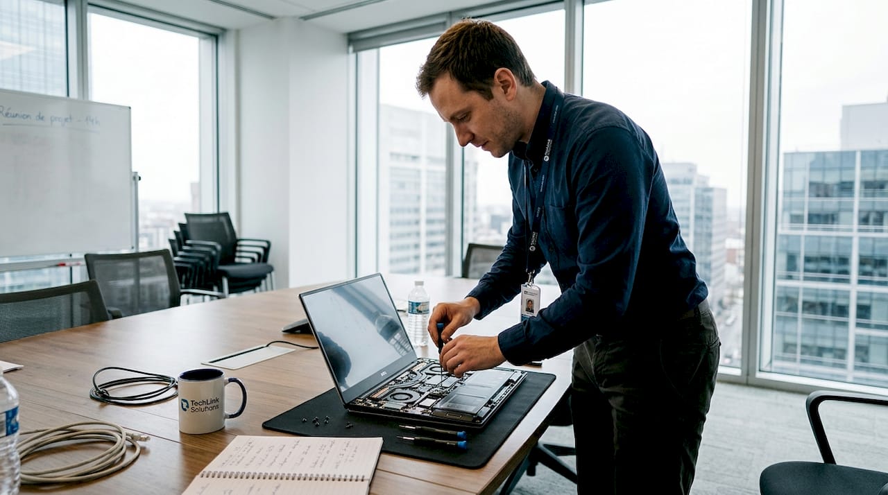 Un technicien intervient dans les locaux d’une entreprise pour remplacer le disque SSD d’un ordinateur de bureau.