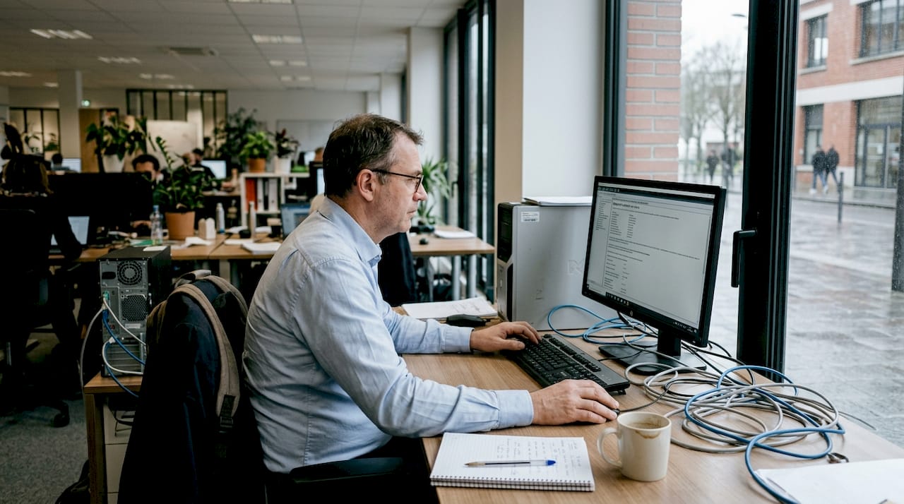 Un salarié consulte son ordinateur dans les locaux de l’entreprise.