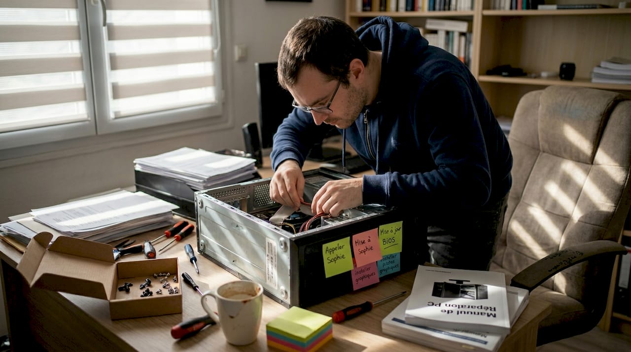 Un technicien répare un ordinateur ouvert posé sur un bureau dans un espace de travail à domicile.