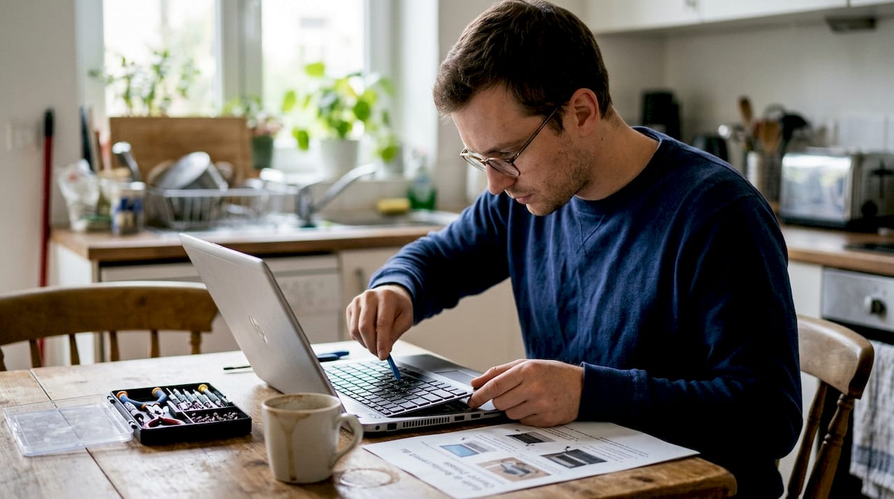 Je répare le clavier de mon ordinateur portable, installé tranquillement sur la table de la cuisine.