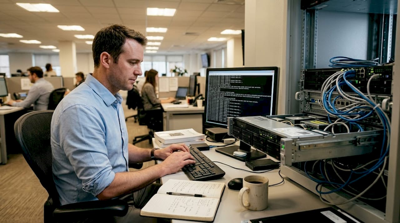 Un administrateur en pleine gestion d’un serveur d’entreprise en cours d’exploitation.
