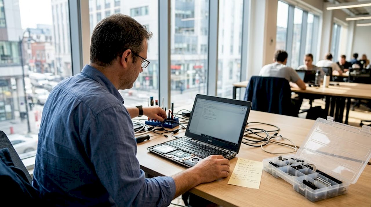 Au bureau, un informaticien s’occupe de remettre en état un ordinateur portable en panne.