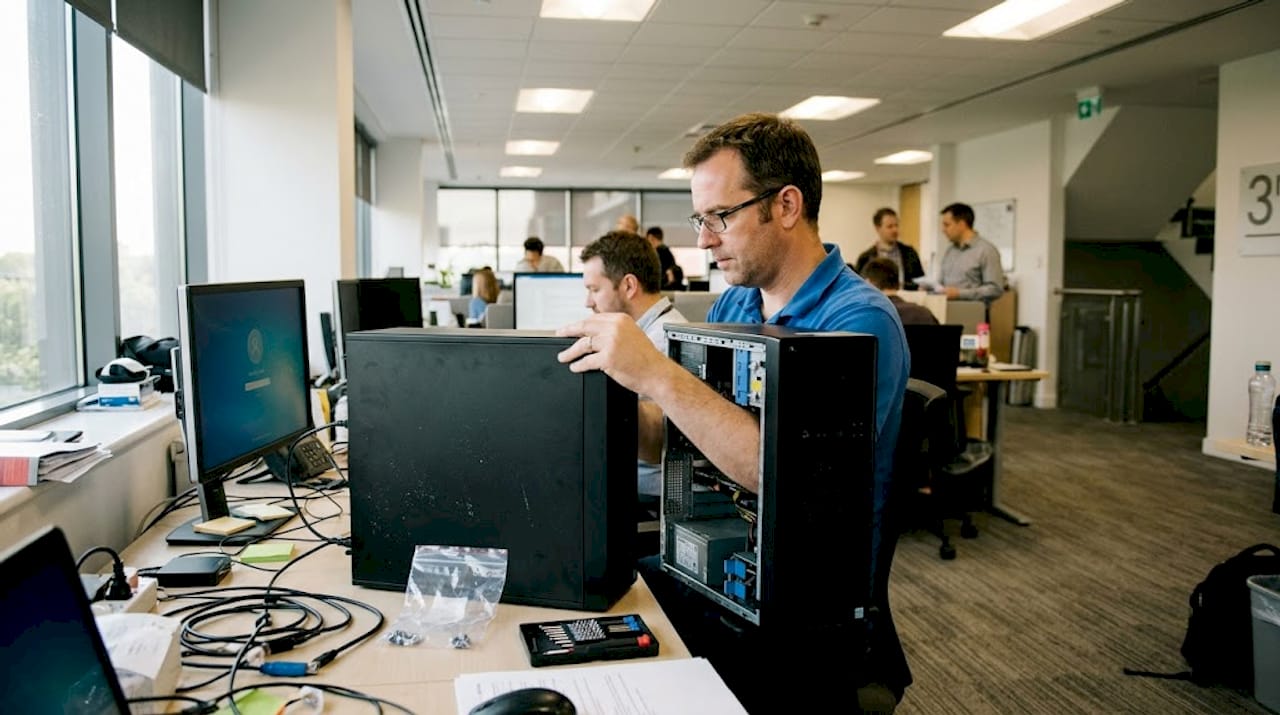 Un technicien intervient pour dépanner un ordinateur dans un espace de travail partagé.