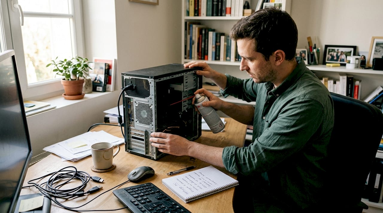 Un homme prend soin de nettoyer son ordinateur de bureau dans son espace de travail à la maison.