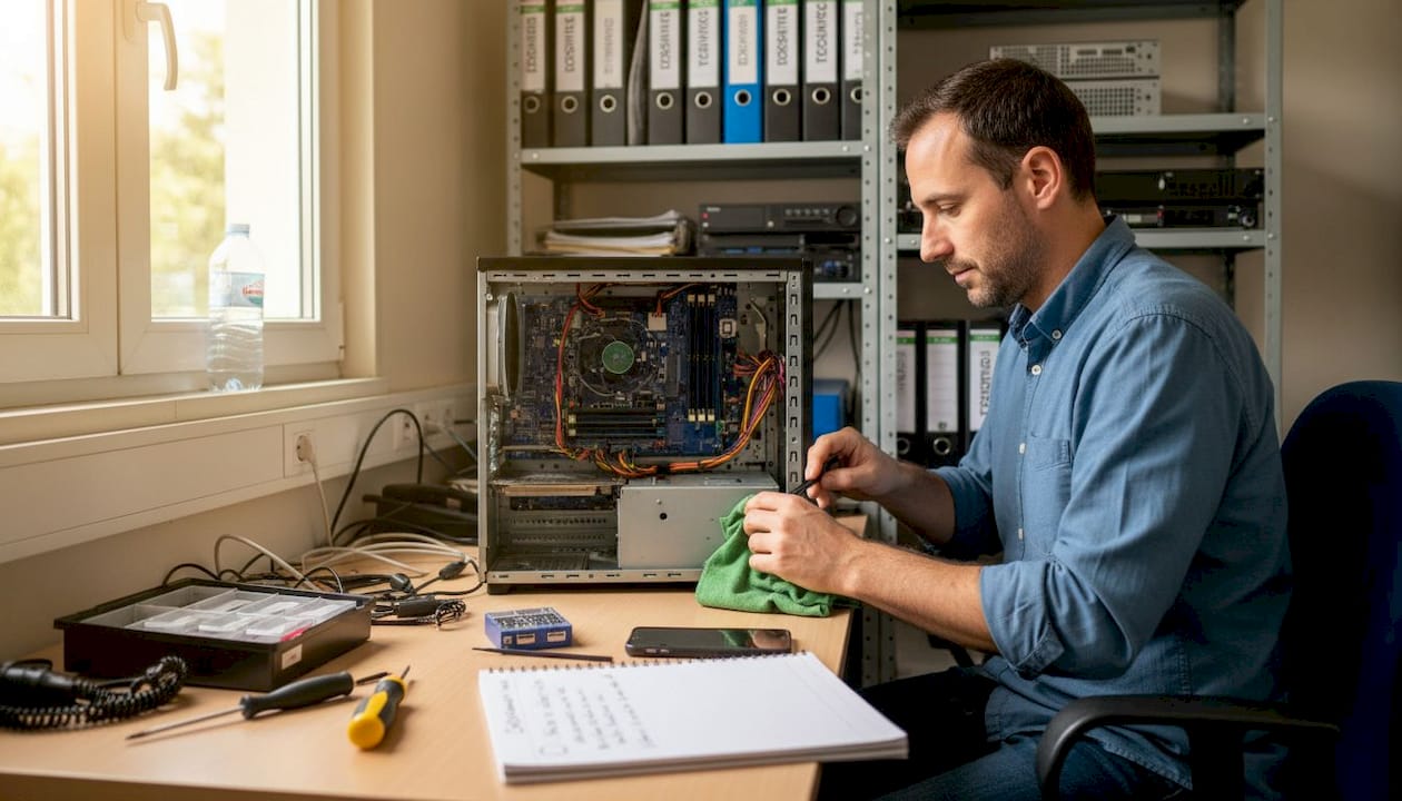 Intervention d’un technicien informatique pour assurer la maintenance des postes en entreprise