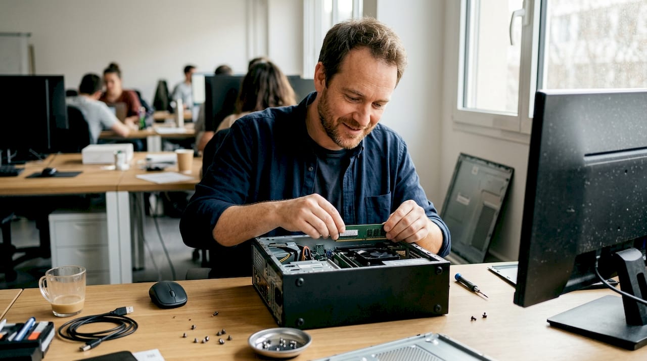 Un technicien procède à l’installation de la mémoire RAM sur un ordinateur dont le boîtier est ouvert.