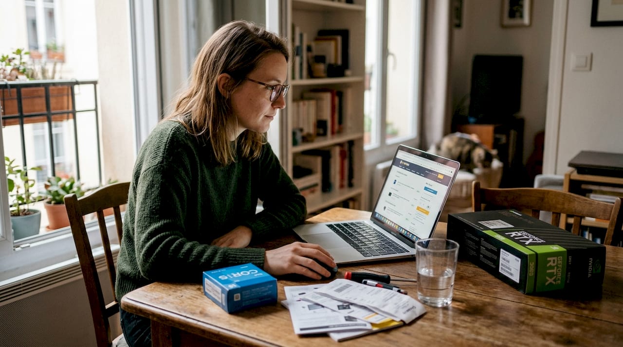 Chez elle, une femme prend le temps de choisir avec soin les composants de son futur ordinateur.