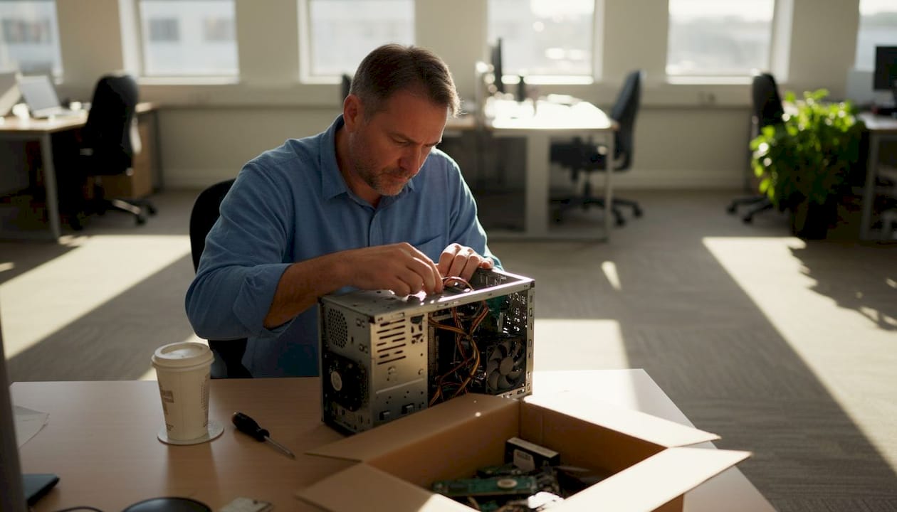Un technicien intervient pour dépanner un ordinateur sur un espace de coworking.