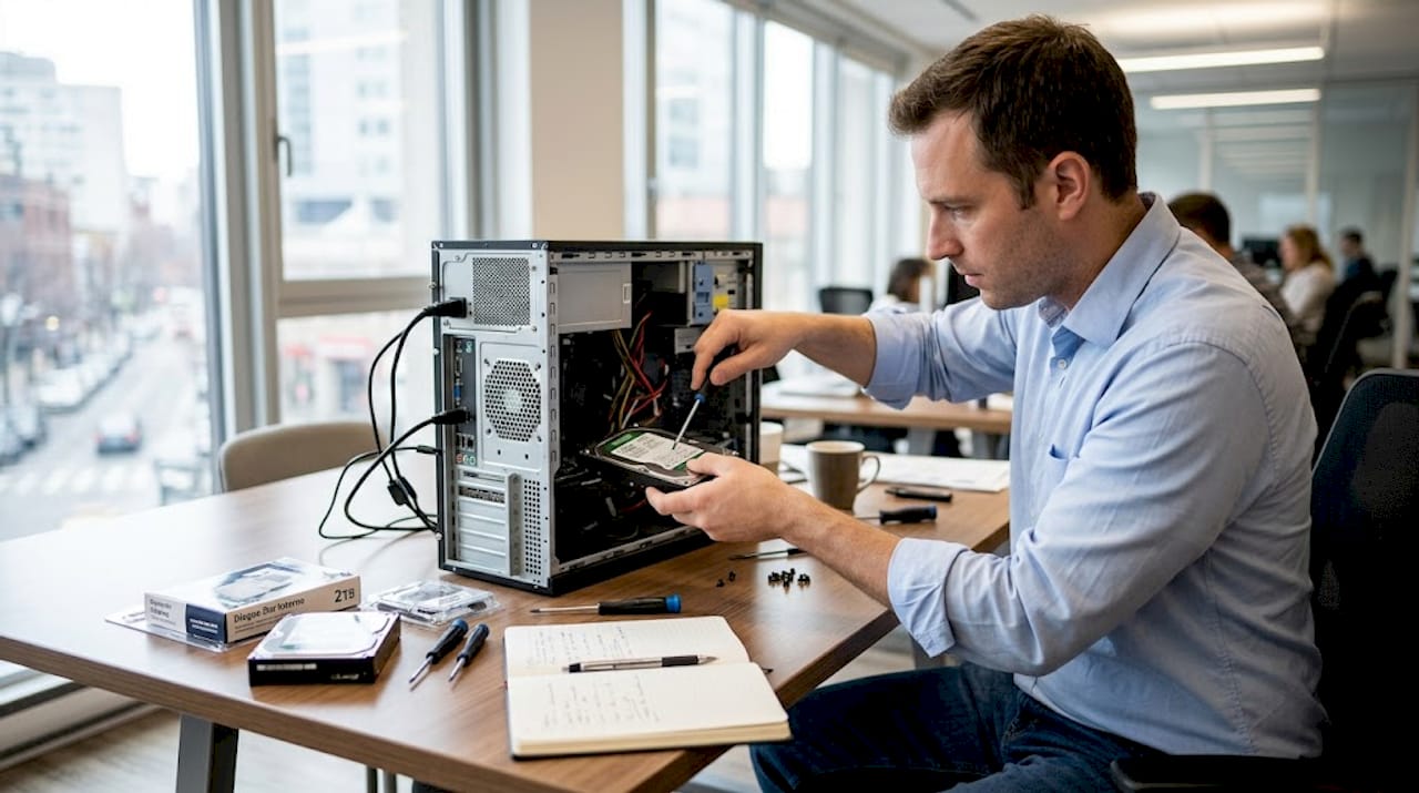 Un technicien informatique procède à l’installation de nouveaux composants sur un poste de travail au bureau.