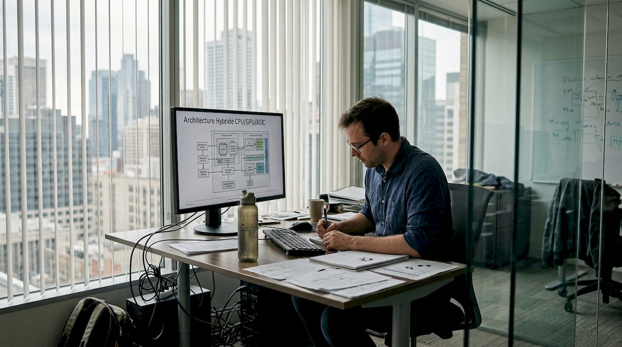 Un ingénieur analyse la conception d’une intelligence artificielle hybride affichée sur son écran.