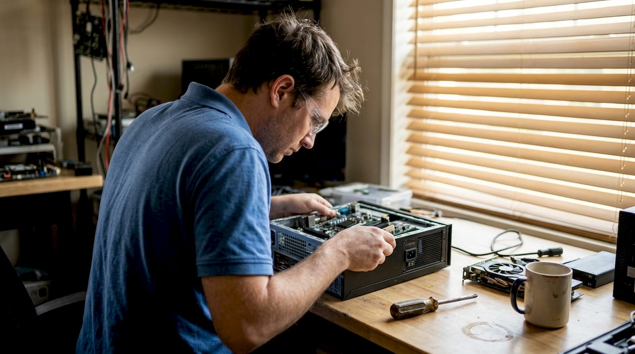 Un technicien démonte une carte mère dans son atelier à la maison.