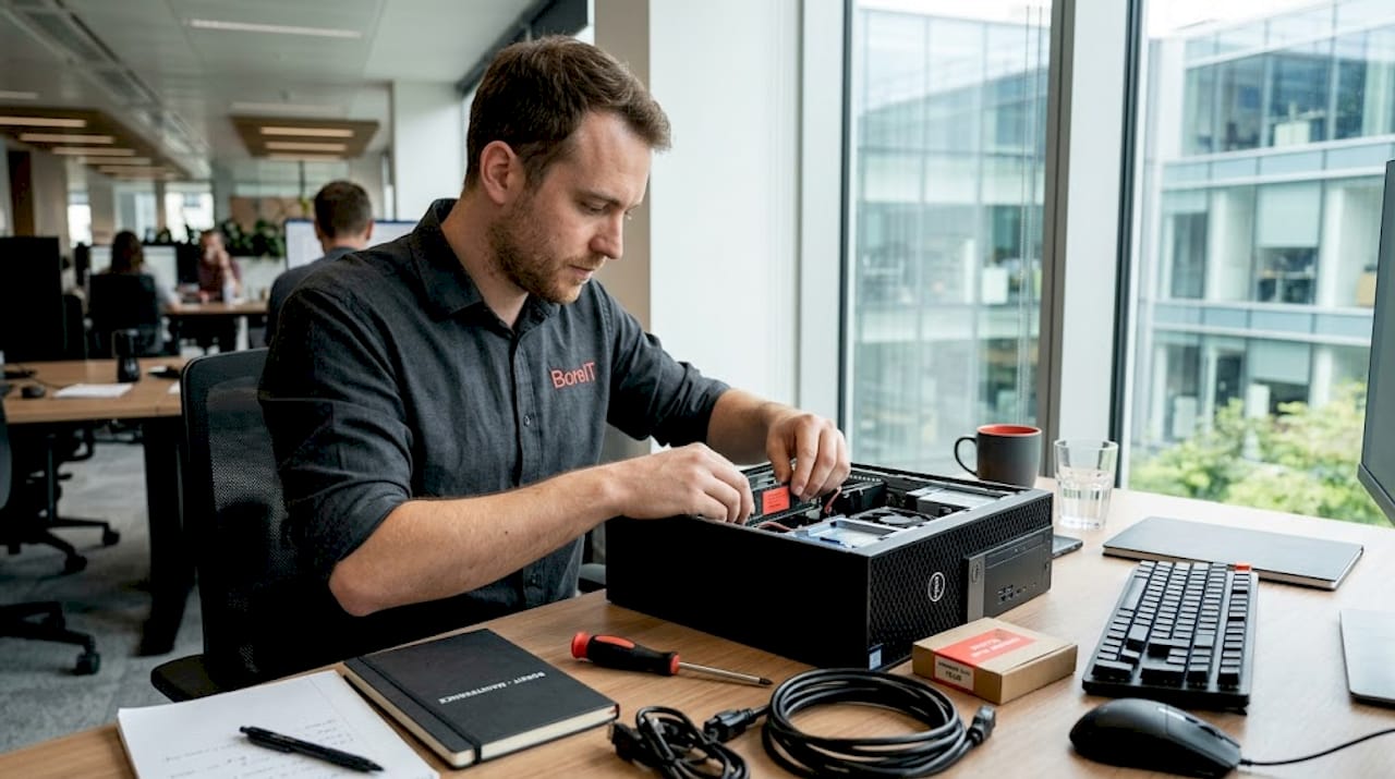 Un technicien intervient pour installer un kit de remplacement sur un ordinateur de bureau.