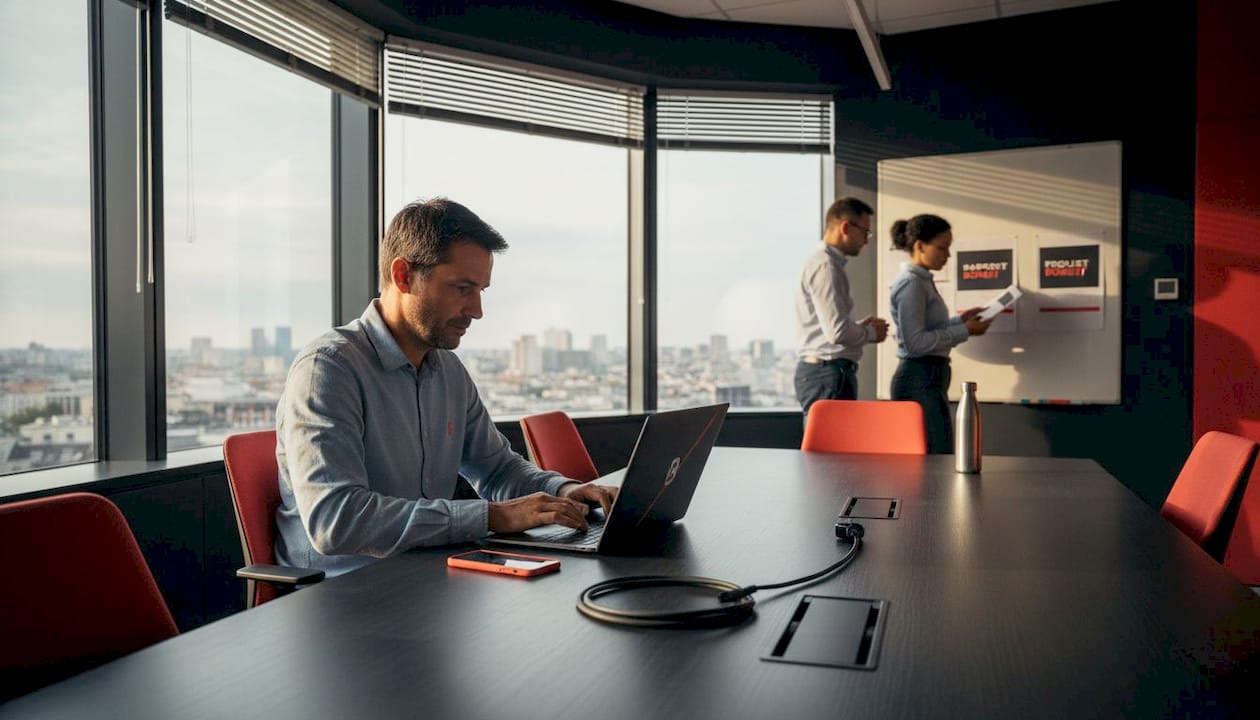 Directeur informatique en pleine séance de travail lors d’une réunion professionnelle entre entreprises.