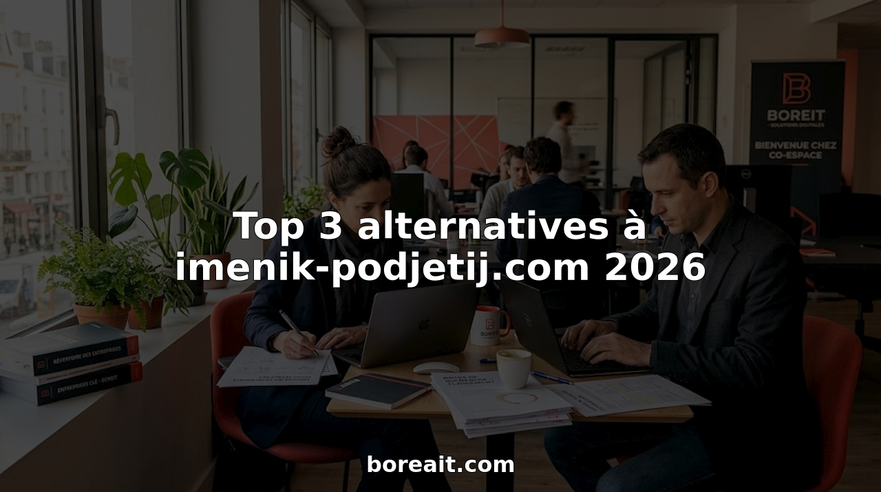 Des professionnels échangent et comparent des annuaires d’entreprises en ligne autour d’un bureau partagé.