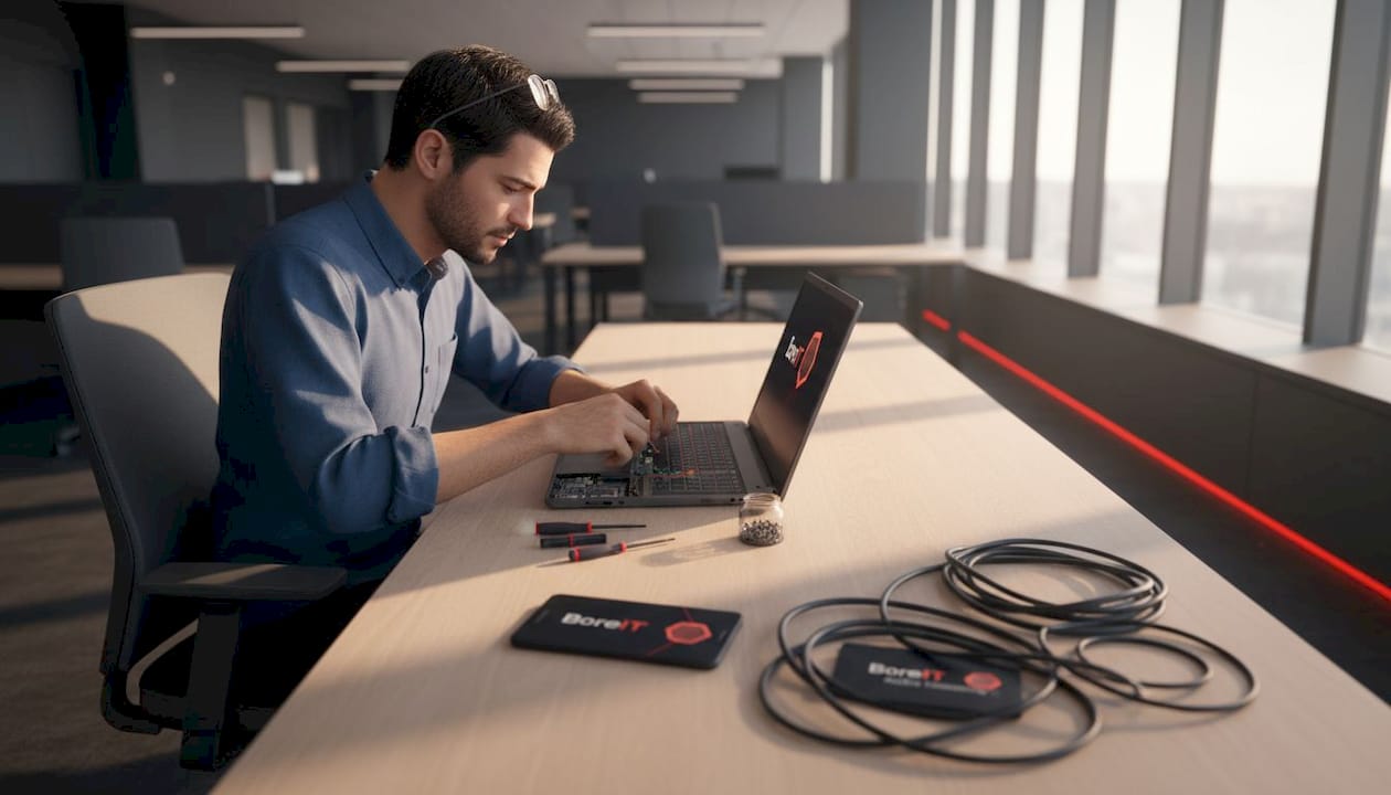 Un informaticien s’occupe de la réparation d’un ordinateur portable directement sur son lieu de travail.