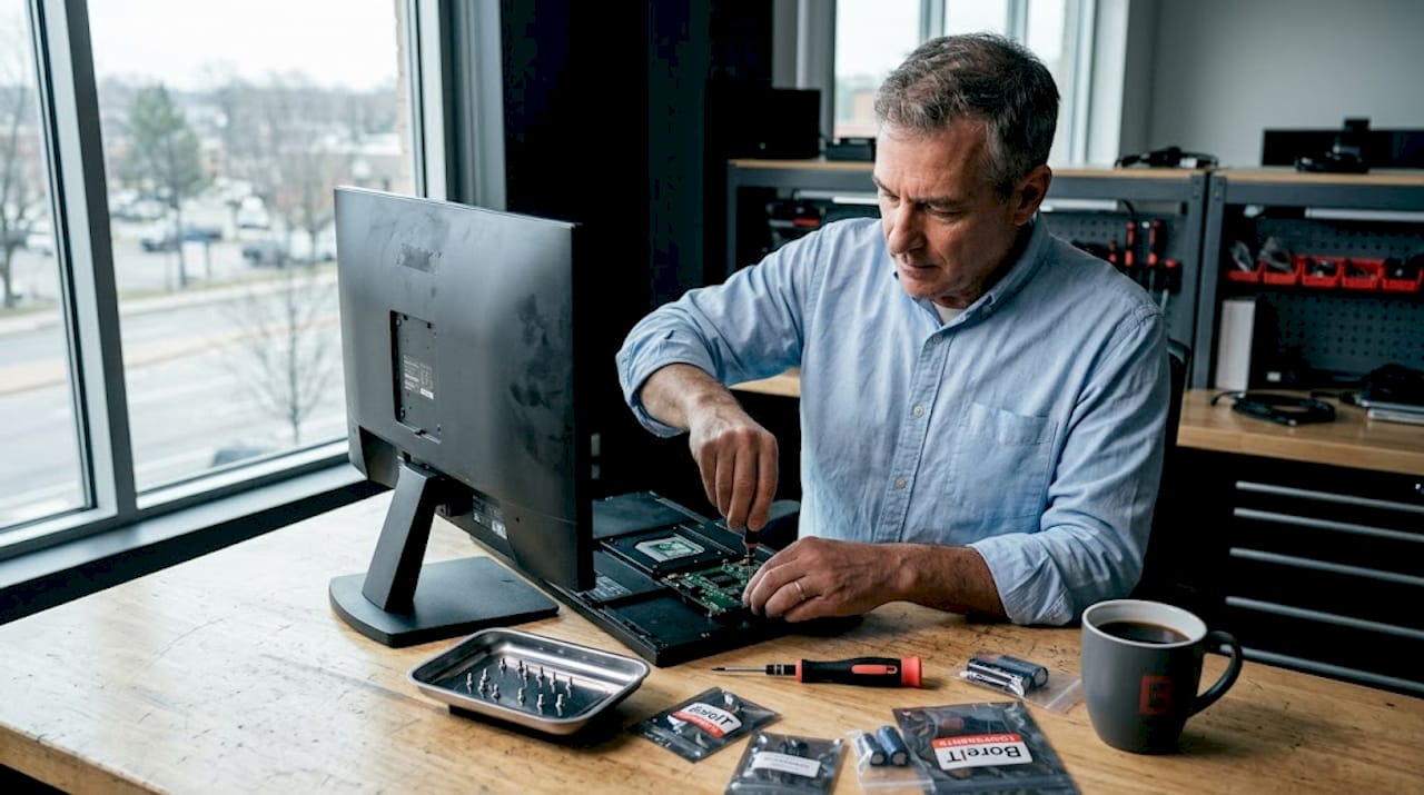 Un technicien en pleine réparation d’un écran LCD dans son atelier.