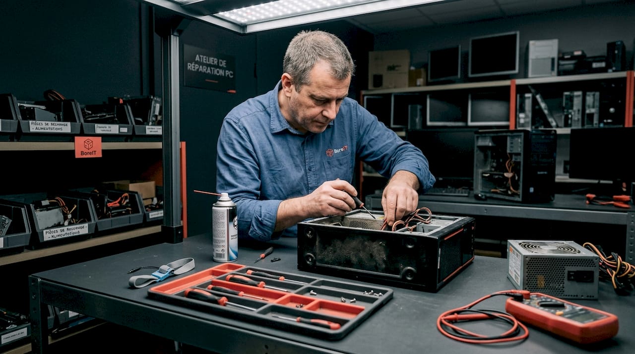 Un technicien en train de vérifier l’alimentation électrique d’un ordinateur