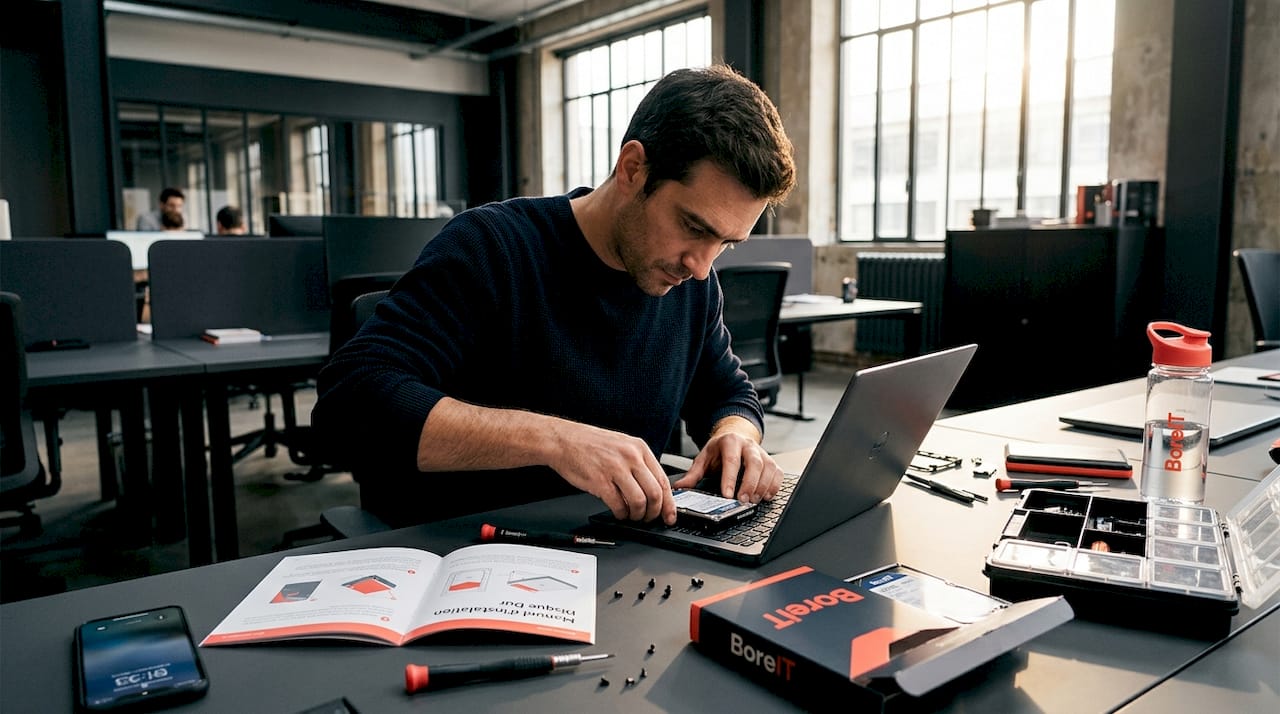 Un technicien remet à neuf un ordinateur portable dans un espace de travail partagé.
