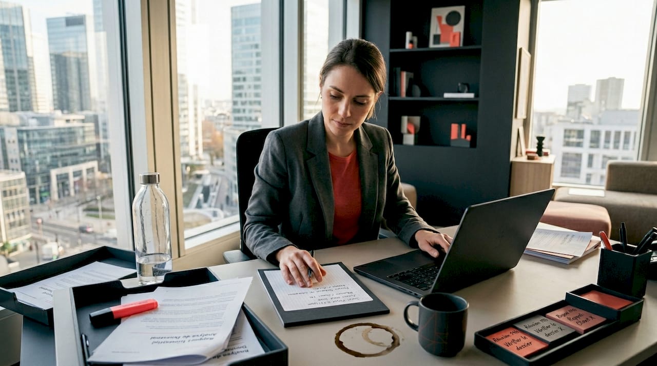 Une femme concentrée travaille à son bureau, entourée de tout le nécessaire pour être efficace au quotidien.