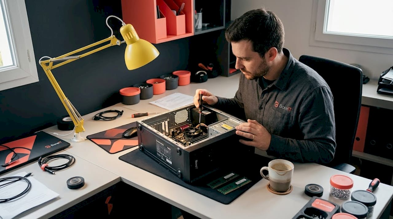 Un homme est en train de dépanner son ordinateur sur son bureau à la maison.