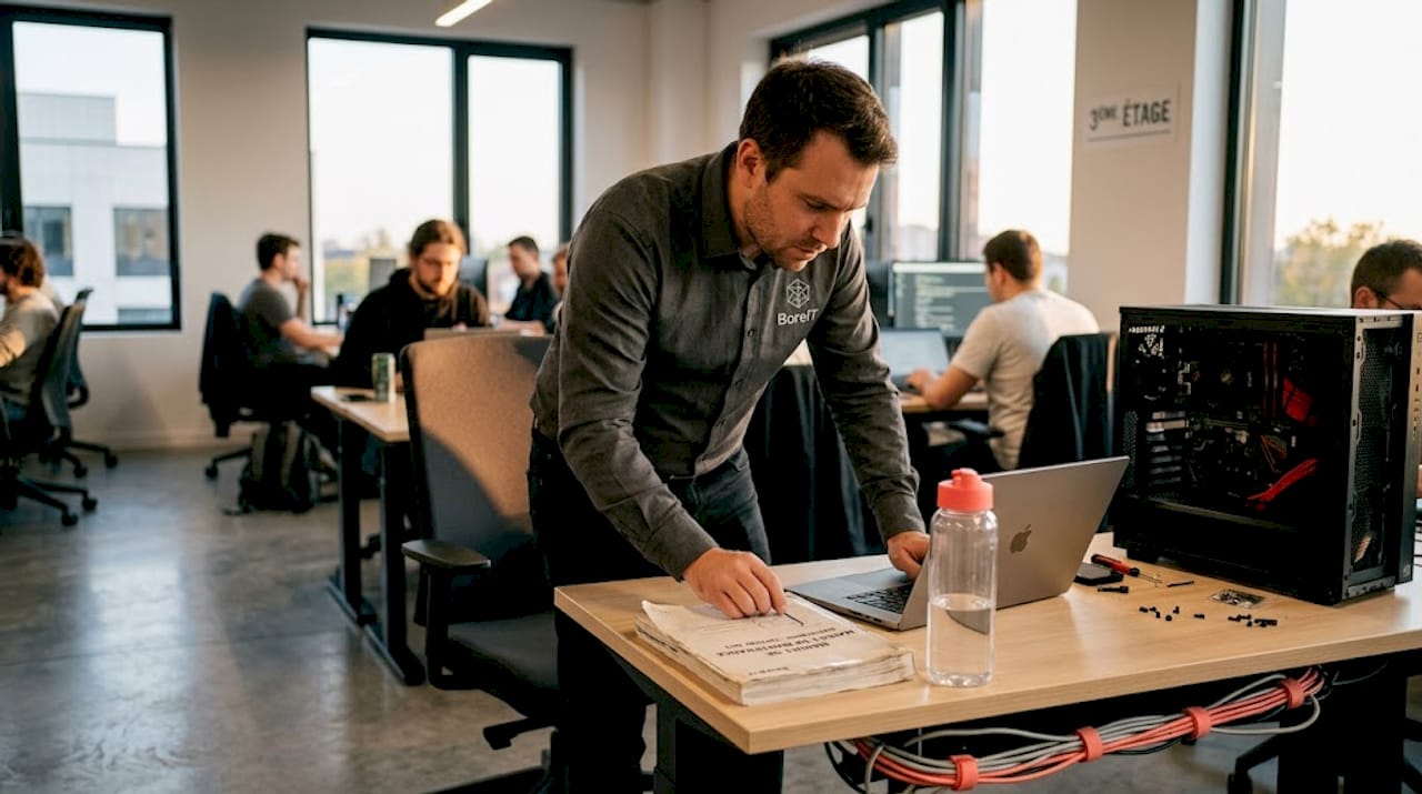 Un informaticien en train de contrôler le fonctionnement de deux postes de travail.