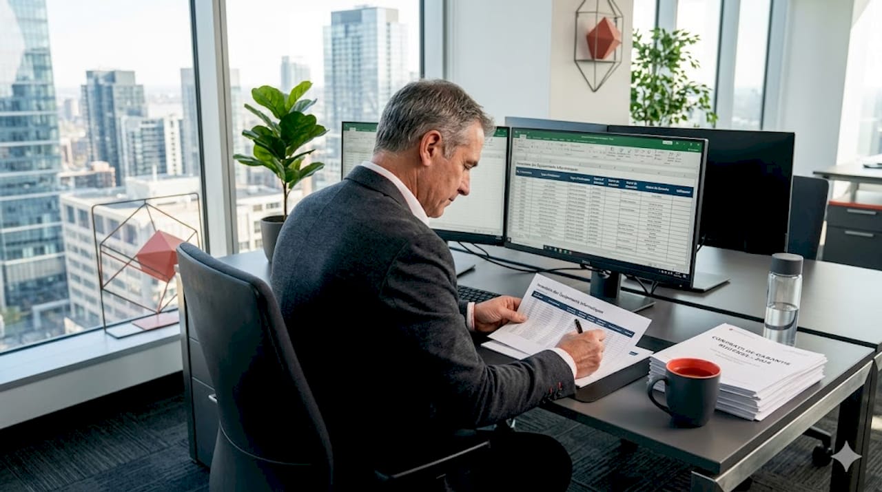 Un responsable informatique passe en revue le matériel informatique depuis son bureau d’angle.