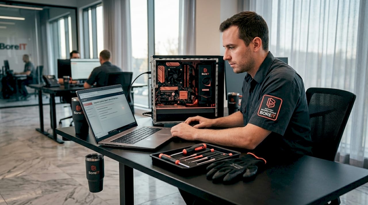 Un technicien informatique intervient pour remettre en état un ordinateur de bureau.