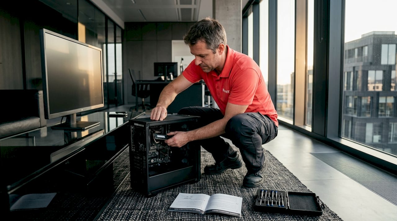 Un technicien ajoute de la mémoire vive à un ordinateur dont le boîtier est ouvert.