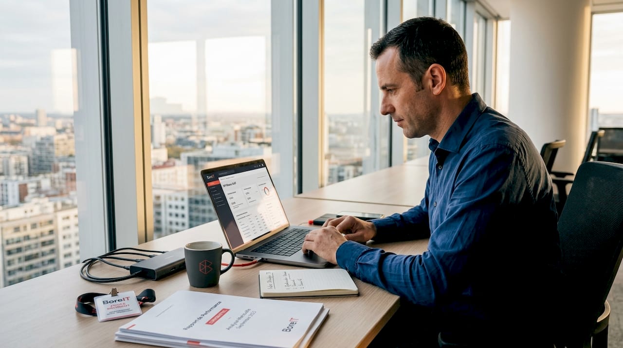 Un salarié veille à la sécurité des équipements informatiques sur son lieu de travail.